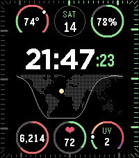 World map center with day/night shading and a seconds dial bezel