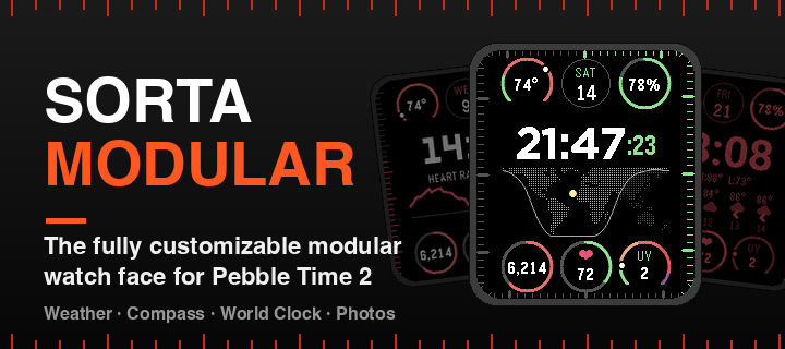 Sorta Modular banner: three watchfaces fanned out on a dark background