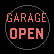 Circle showing GARAGE over OPEN in orange